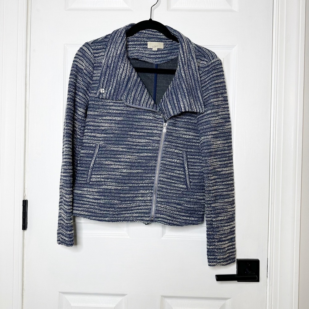 Loft Knit Tweed Moto Jacket Blue Womens Size XS